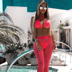 Two-Piece Crystals Neon Pink Mesh Top, Bottom And Pants
